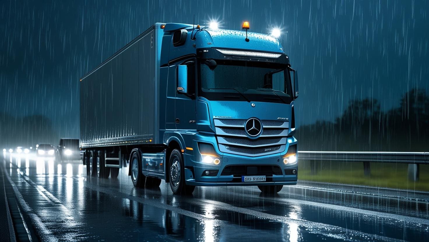 Camión Mercedes-Benz Actros circulando de noche bajo lluvia en carretera